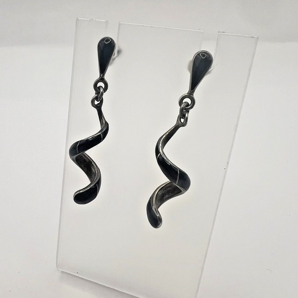 Vintage Sterling Silver‎ Black Enamel Spiral Drop Earrings Modernist Mexico JA